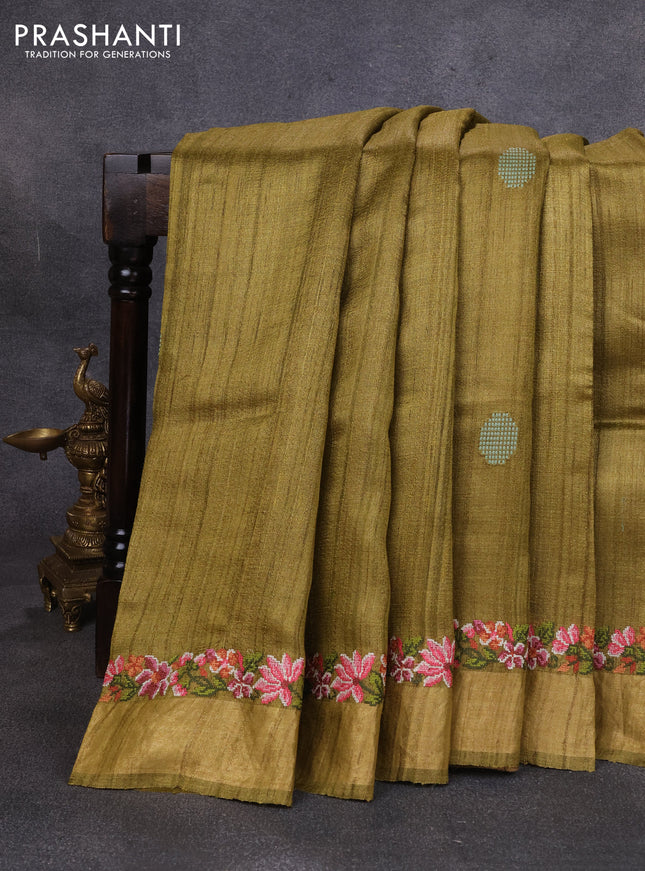 Pure tussar silk saree mehendi green with embroidery buttas and floral embroidery zari border
