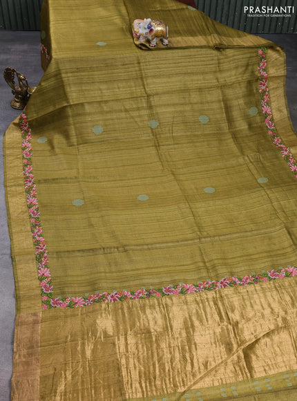 Pure tussar silk saree mehendi green with embroidery buttas and floral embroidery zari border