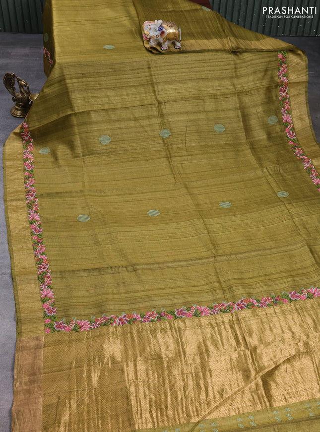 Pure tussar silk saree mehendi green with embroidery buttas and floral embroidery zari border