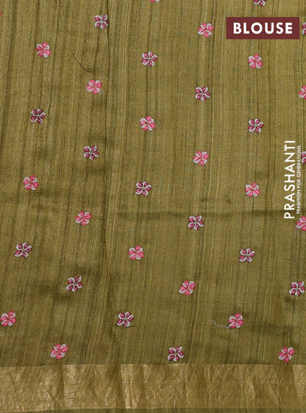 Pure tussar silk saree mehendi green with embroidery buttas and floral embroidery zari border