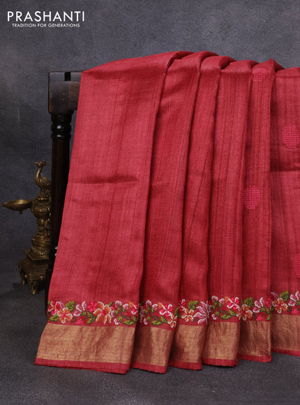 Pure tussar silk saree maroon with embroidery buttas and floral embroidery zari border