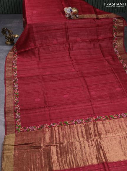 Pure tussar silk saree maroon with embroidery buttas and floral embroidery zari border