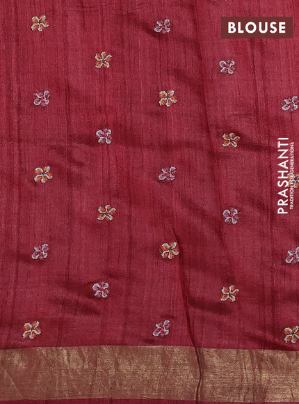 Pure tussar silk saree maroon with embroidery buttas and floral embroidery zari border
