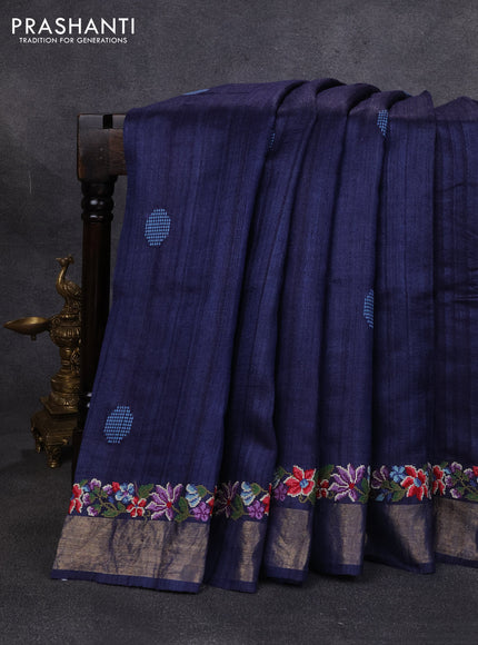 Pure tussar silk saree navy blue with embroidery buttas and floral embroidery zari border