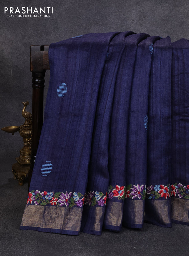 Pure tussar silk saree navy blue with embroidery buttas and floral embroidery zari border