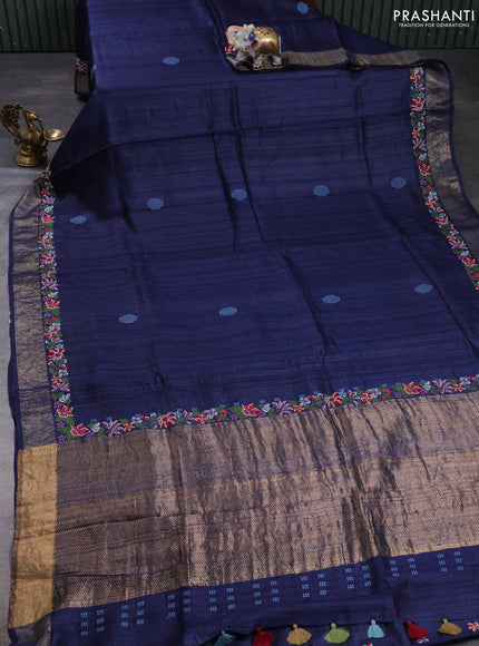 Pure tussar silk saree navy blue with embroidery buttas and floral embroidery zari border