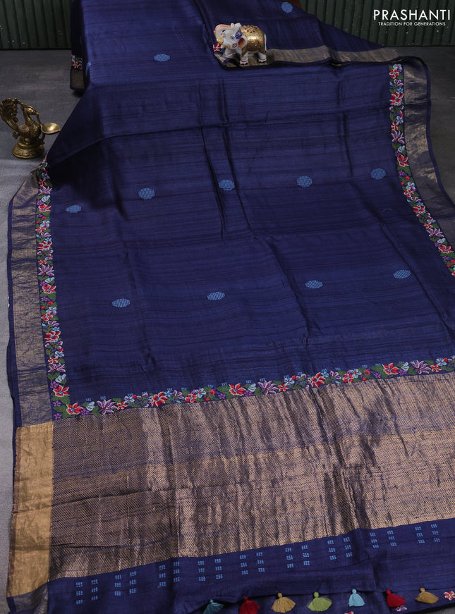 Pure tussar silk saree navy blue with embroidery buttas and floral embroidery zari border