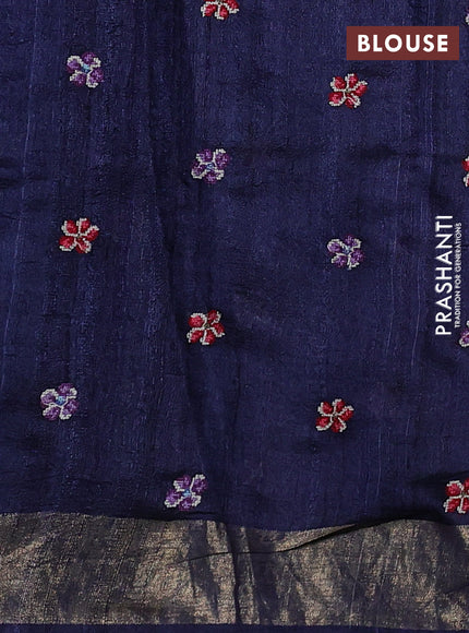 Pure tussar silk saree navy blue with embroidery buttas and floral embroidery zari border