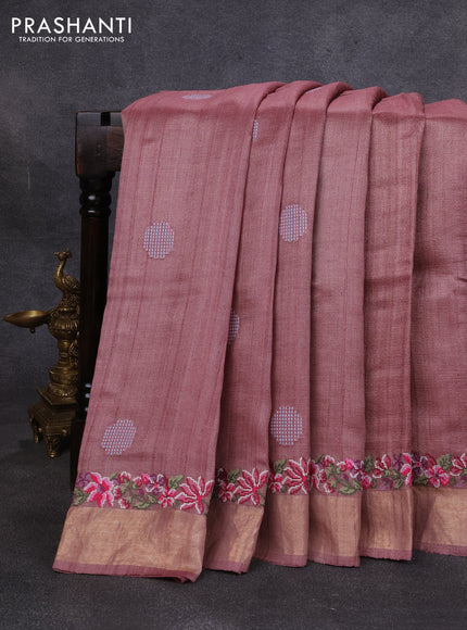Pure tussar silk saree pastel peach with embroidery buttas and floral embroidery zari border