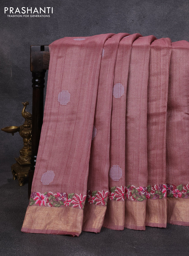 Pure tussar silk saree pastel peach with embroidery buttas and floral embroidery zari border