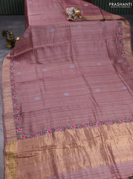Pure tussar silk saree pastel peach with embroidery buttas and floral embroidery zari border