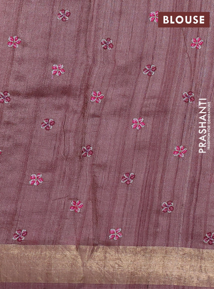 Pure tussar silk saree pastel peach with embroidery buttas and floral embroidery zari border