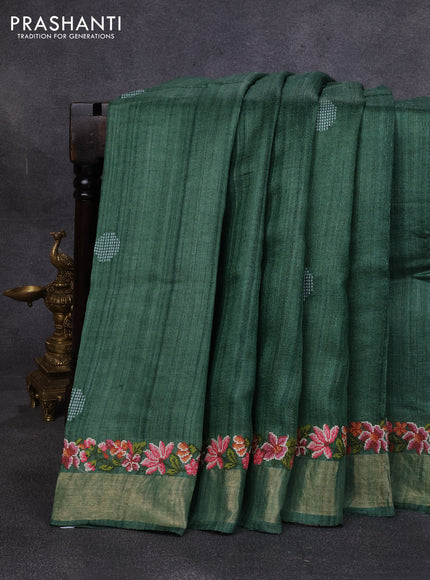 Pure tussar silk saree green with embroidery buttas and floral embroidery zari border