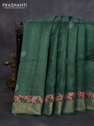 Pure tussar silk saree green with embroidery buttas and floral embroidery zari border