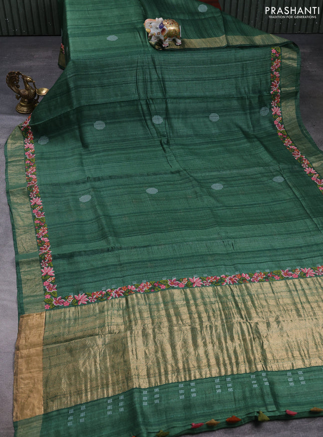 Pure tussar silk saree green with embroidery buttas and floral embroidery zari border