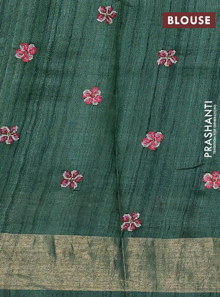 Pure tussar silk saree green with embroidery buttas and floral embroidery zari border