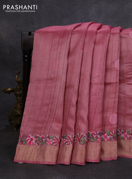 Pure tussar silk saree peach pink with embroidery buttas and floral embroidery zari border