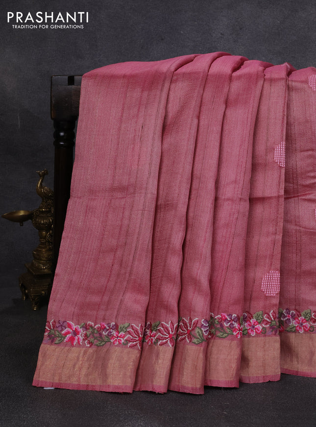Pure tussar silk saree peach pink with embroidery buttas and floral embroidery zari border