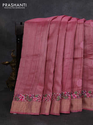 Pure tussar silk saree peach pink with embroidery buttas and floral embroidery zari border
