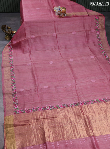 Pure tussar silk saree peach pink with embroidery buttas and floral embroidery zari border