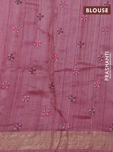 Pure tussar silk saree peach pink with embroidery buttas and floral embroidery zari border