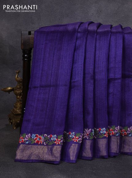 Pure tussar silk saree blue with embroidery buttas and floral embroidery zari border