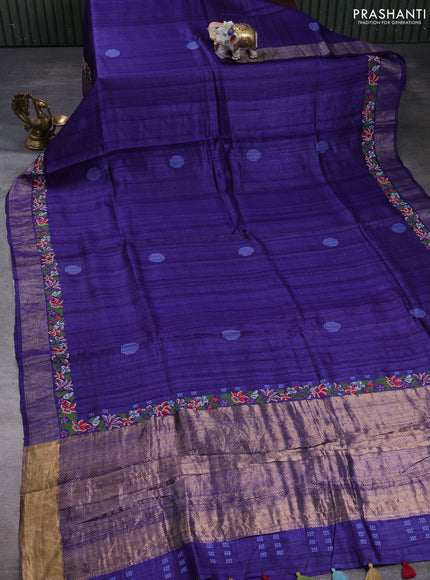 Pure tussar silk saree blue with embroidery buttas and floral embroidery zari border
