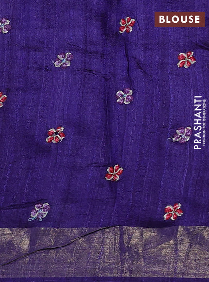 Pure tussar silk saree blue with embroidery buttas and floral embroidery zari border