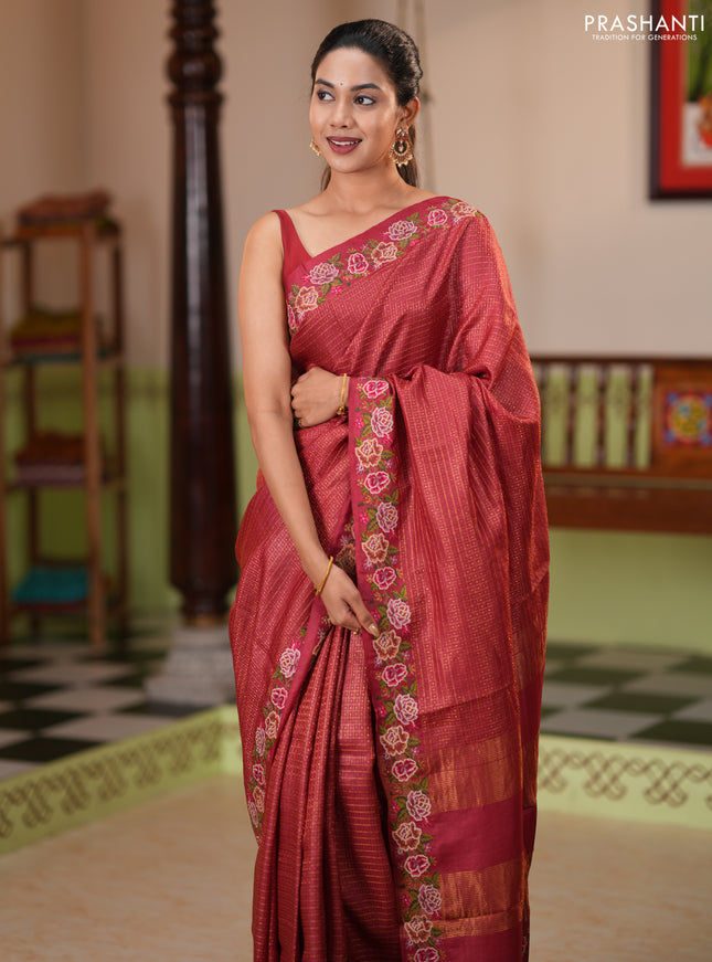 Pure tussar silk saree maroon with allover small checks & buttas and floral embroidery border