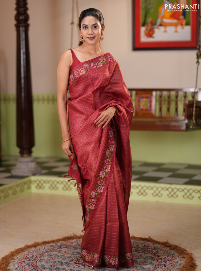 Pure tussar silk saree maroon with allover small checks & buttas and floral embroidery border