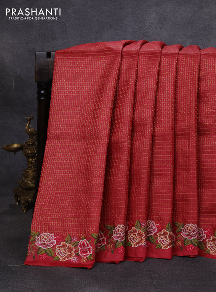 Pure tussar silk saree maroon with allover small checks & buttas and floral embroidery border