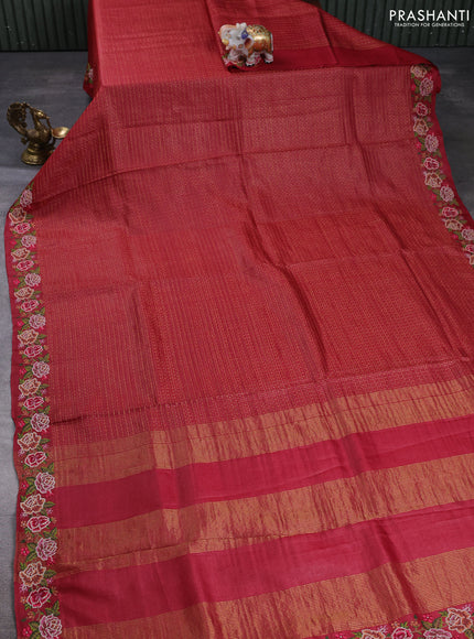 Pure tussar silk saree maroon with allover small checks & buttas and floral embroidery border