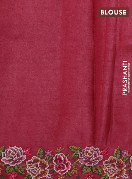Pure tussar silk saree maroon with allover small checks & buttas and floral embroidery border