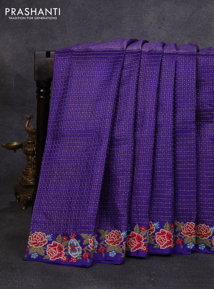 Pure tussar silk saree violet with allover small checks & buttas and floral embroidery border