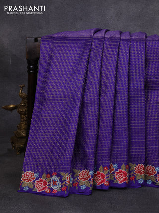 Pure tussar silk saree violet with allover small checks & buttas and floral embroidery border