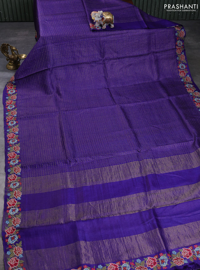 Pure tussar silk saree violet with allover small checks & buttas and floral embroidery border
