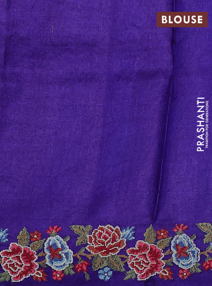Pure tussar silk saree violet with allover small checks & buttas and floral embroidery border