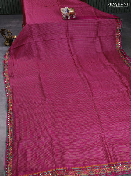 Pure tussar silk saree wine shade and green with allover thread weaves and mirror embroidery border