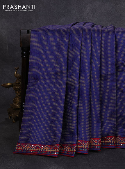 Pure tussar silk saree blue and maroon with allover thread weaves and mirror embroidery border