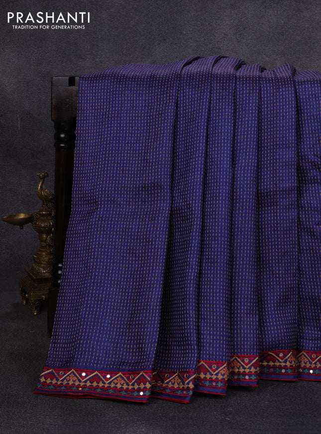 Pure tussar silk saree blue and maroon with allover thread weaves and mirror embroidery border