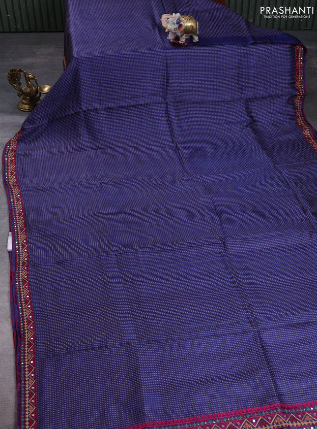 Pure tussar silk saree blue and maroon with allover thread weaves and mirror embroidery border