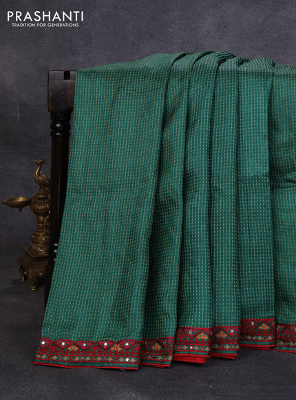 Pure tussar silk saree green and maroon with allover thread weaves and mirror embroidery border
