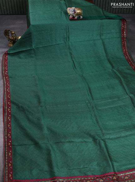 Pure tussar silk saree green and maroon with allover thread weaves and mirror embroidery border
