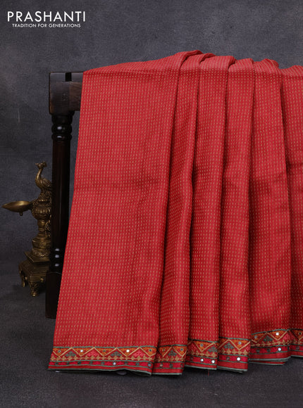 Pure tussar silk saree maroon with allover thread weaves and mirror embroidery border