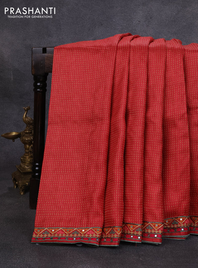 Pure tussar silk saree maroon with allover thread weaves and mirror embroidery border