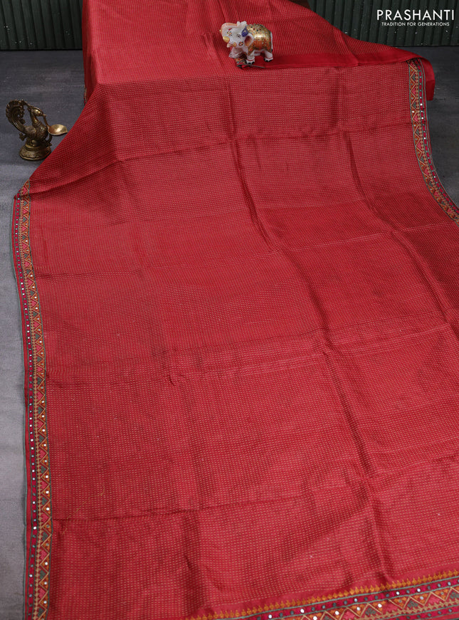 Pure tussar silk saree maroon with allover thread weaves and mirror embroidery border