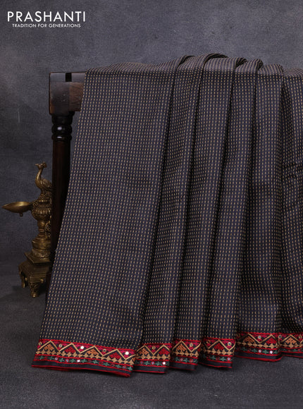 Pure tussar silk saree black and maroon with allover thread weaves and mirror embroidery border