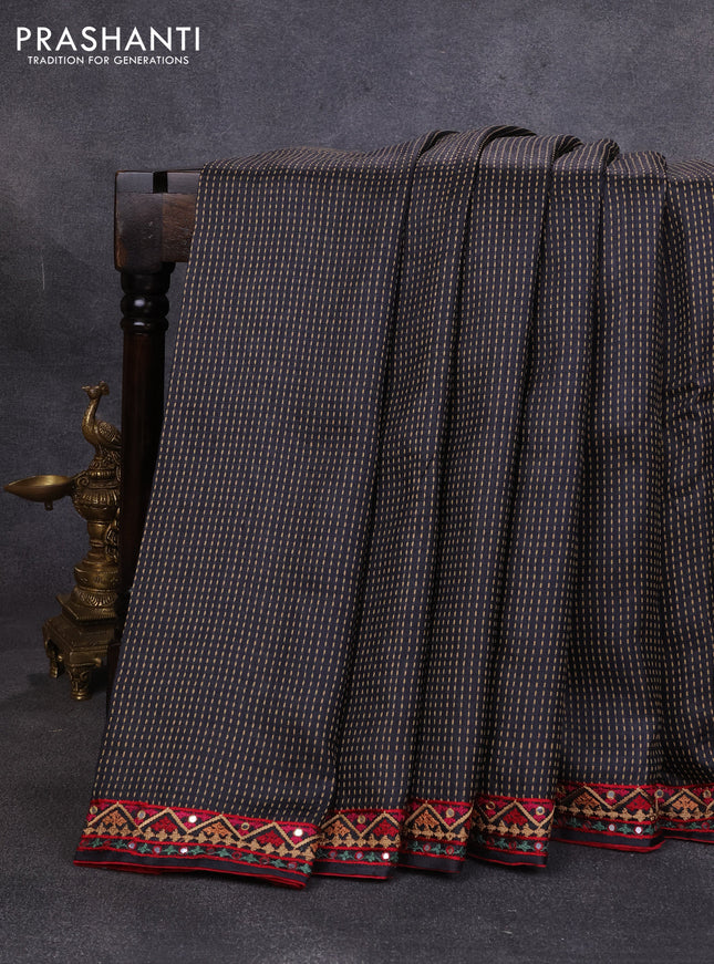 Pure tussar silk saree black and maroon with allover thread weaves and mirror embroidery border