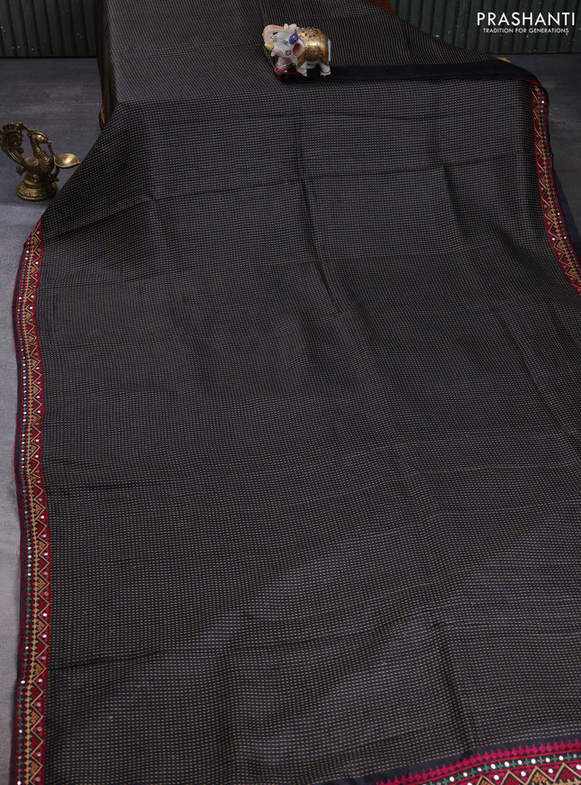 Pure tussar silk saree black and maroon with allover thread weaves and mirror embroidery border