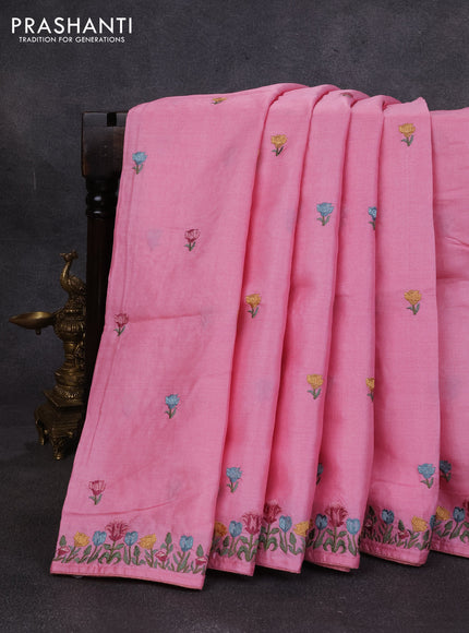 Pure tussar silk saree light pink with embroidery buttas and floral embroidery border